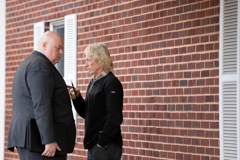 Defendant's dad talks to his attorney Tim Tarpy after the preliminary hearing for Thadius McGrath, who is accused in the 2022 murder of Northampton resident Samantha Rementer, outside District Court 07-2-01 building on Thursday, Jan. 5, 2023.