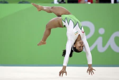 2016 Rio Olympics - Artistic Gymnastics - Preliminary - Women's Qualification - Subdivisions - Rio Olympic Arena - Rio de Janeiro, Brazil - 07/08/2016. Dipa Karmakar competes on the floor exercise during the women's qualifications. REUTERS/Damir Sagolj