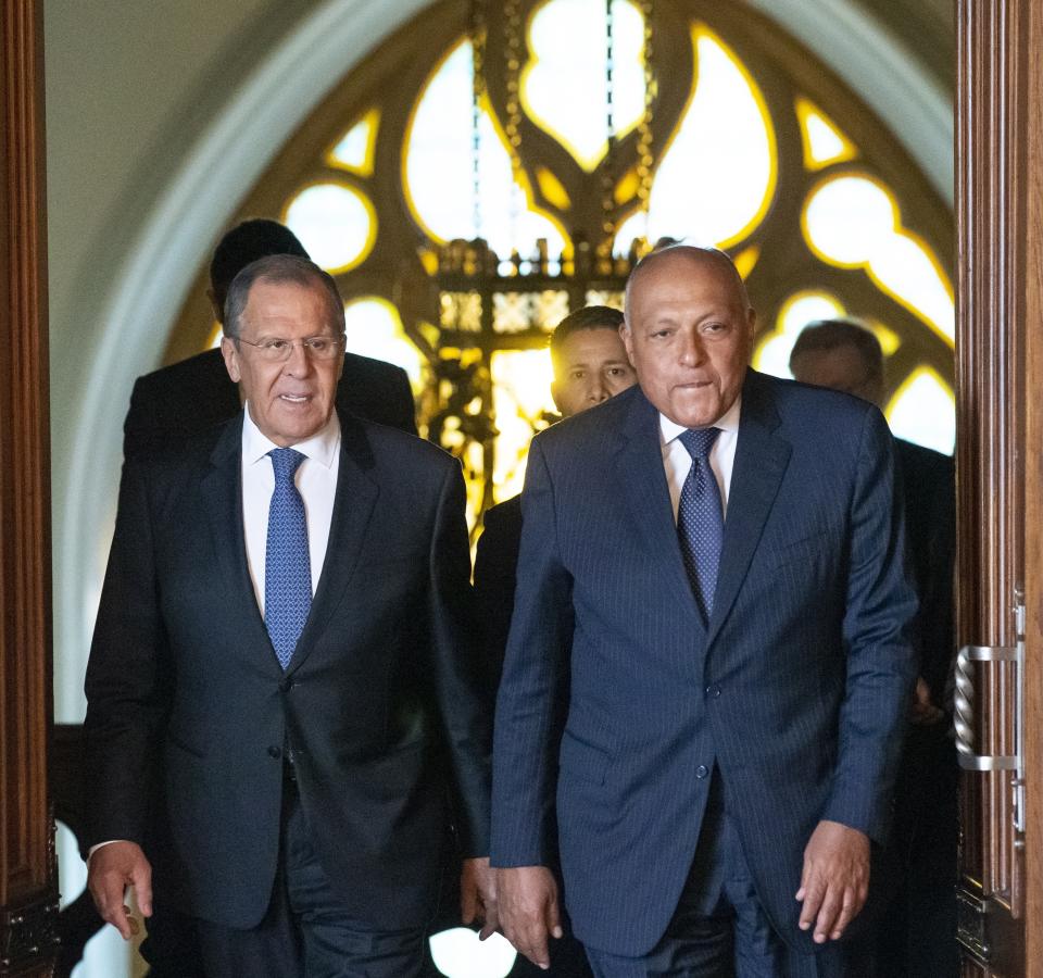 Russian Foreign Minister Sergey Lavrov, left, and Egyptian Foreign Minister Sameh Shoukry enter a hall for their talks in Moscow, Russia, Monday, June 24, 2019. Egyptian President Abdel-Fattah el-Sissi has moved to increase military cooperation with Russia, and the two nation‚ as foreign and defense ministers have held regular meetings. (AP Photo/Alexander Zemlianichenko)