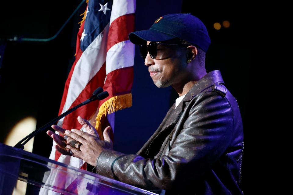 Creator Honoree Pharrell Williams accepts his award on stage during Grammys On The Hill at The Hamilton on April 26, 2023 in Washington, DC.