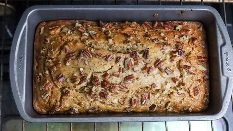 pecan banana bread in loaf pan