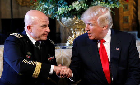 U.S. President Donald Trump shakes hands with his new National Security Adviser Army Lt. Gen. H.R. McMaster after making the announcement at his Mar-a-Lago estate in Palm Beach, Florida U.S. February 20, 2017. REUTERS/Kevin Lamarque