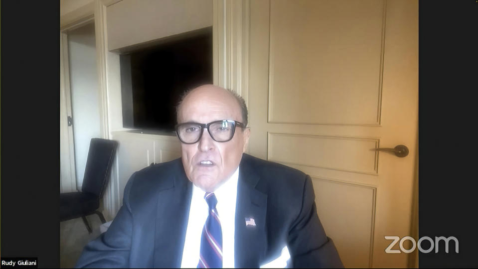 FILE - In this image from video released by the House Select Committee, Rudy Giuliani speaks with the House select committee investigating the Jan. 6 attack on the U.S. Capitol, that was displayed at the hearing Tuesday, June 21, 2022, on Capitol Hill in Washington. (House Select Committee via AP, File)