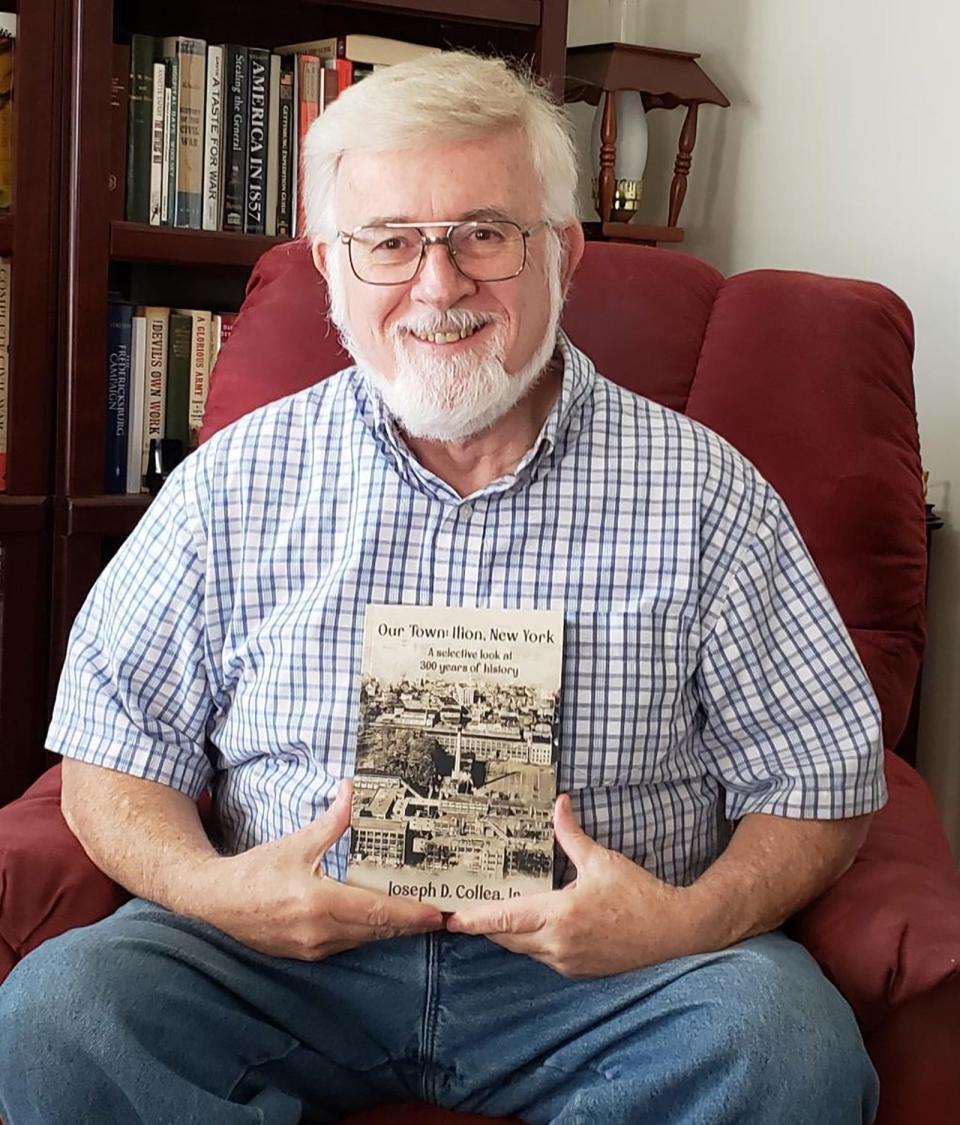 Author and former history teacher Joseph Collea Jr. poses Jan. 26 with his just-released book recalling the history of Ilion. 