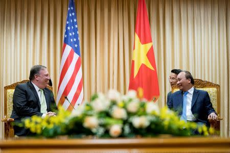 U.S. Secretary of State Mike Pompeo meets with Vietnamese Prime Minister Nguyen Xuan Phuc at the International Convention Center in Hanoi, Vietnam, July 9, 2018. Andrew Harnik/Pool via REUTERS