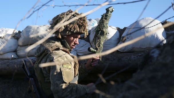 PHOTO: Ukrainian Territorial Defense Forces, the military reserve of the Ukrainian Armes Forces secures on a trench on the frontline with Russia-backed separatists near to Avdiivka, southeastern Ukraine, Jan. 8, 2022. (Anatolii Stepanov/AFP via Getty Images)