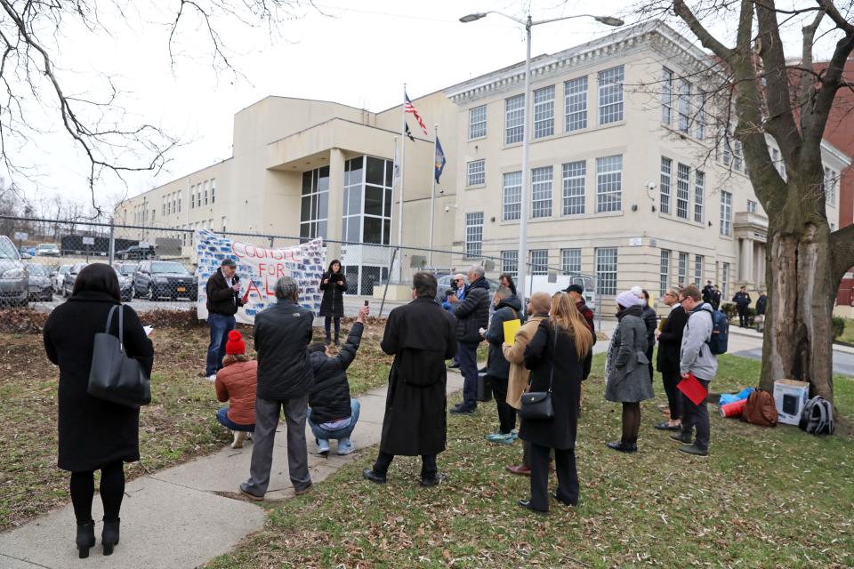 Housing advocates rally for the right-to-counsel legislation outside Yonkers City Court March 24, 2023. The right-to-counsel would give tenants in eviction proceedings access to legal representation in their cases.