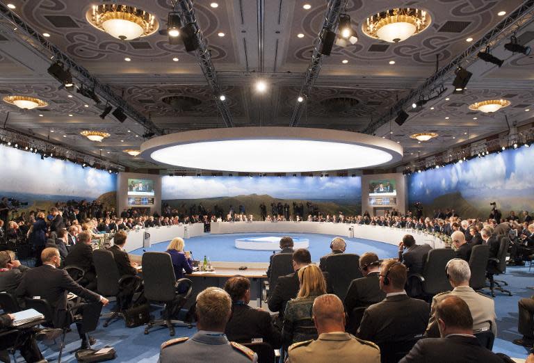 NATO attendees hold a meeting during the 2014 Summit in Newport, South Wales, on September 5, 2014