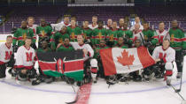 Kenya Ice Lions pose for a team photo following their game against a recreational team made up of firefighters in Toronto, Ontario, Canada, in this still image handout photo taken from video August 14, 2018 and provided October 16, 2018. Tim Horton's/Handout via REUTERS