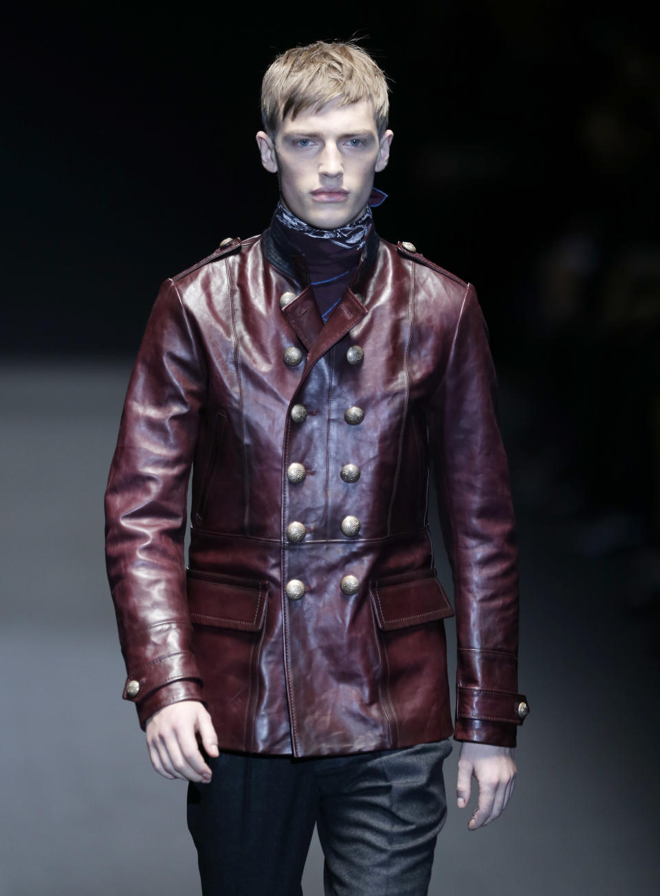 A model wears a creation for Gucci men's Fall-Winter 2013-14 collection, part of the Milan Fashion Week, unveiled in Milan, Italy, Monday, Jan. 14, 2013. (AP Photo/Antonio Calanni)