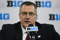 Wisconsin head coach Paul Chryst talks to reporters during an NCAA college football news conference at the Big Ten Conference media days, at Lucas Oil Stadium in Indianapolis, Friday, July 23, 2021. (AP Photo/Michael Conroy)