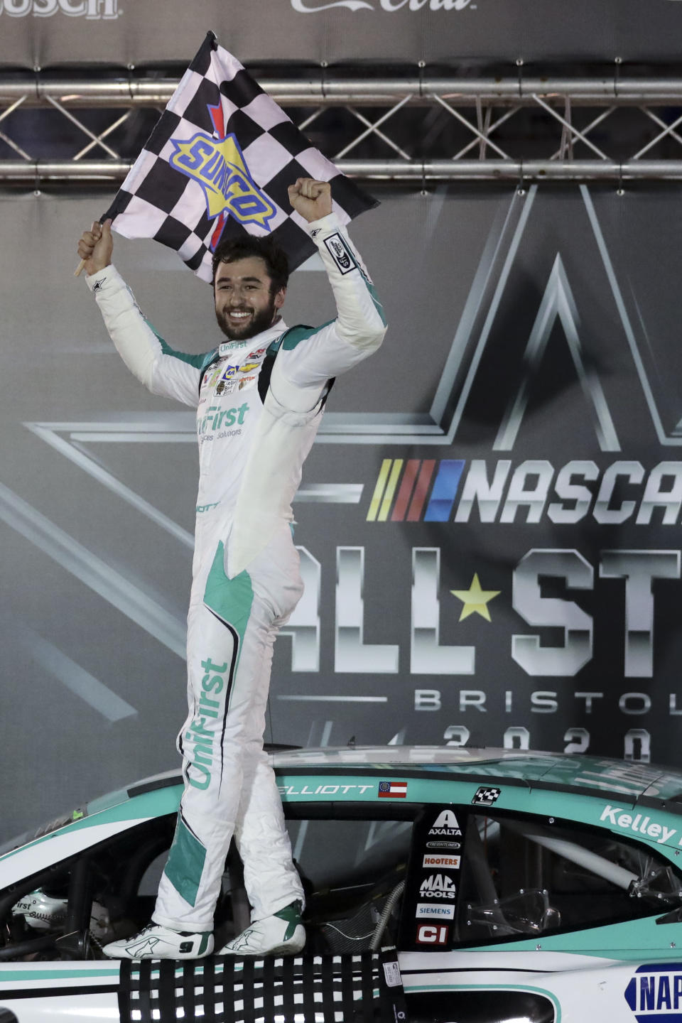 Chase Elliott celebrates after winning a NASCAR All-Star auto race at Bristol Motor Speedway in Bristol, Tenn, Wednesday, July 15, 2020. (AP Photo/Mark Humphrey)