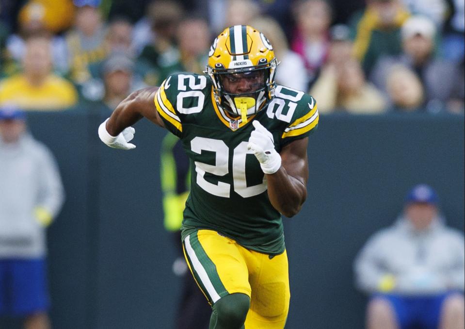 Oct 2, 2022; Green Bay, Wisconsin, USA; Green Bay Packers safety Rudy Ford (20) during the game against the <a class="link " href="https://sports.yahoo.com/nfl/teams/new-england/" data-i13n="sec:content-canvas;subsec:anchor_text;elm:context_link" data-ylk="slk:New England Patriots;sec:content-canvas;subsec:anchor_text;elm:context_link;itc:0">New England Patriots</a> at Lambeau Field. Mandatory Credit: Jeff Hanisch-USA TODAY Sports