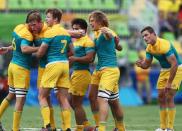 Our Rugby Sevens boys celebrate their victory over South Africa.