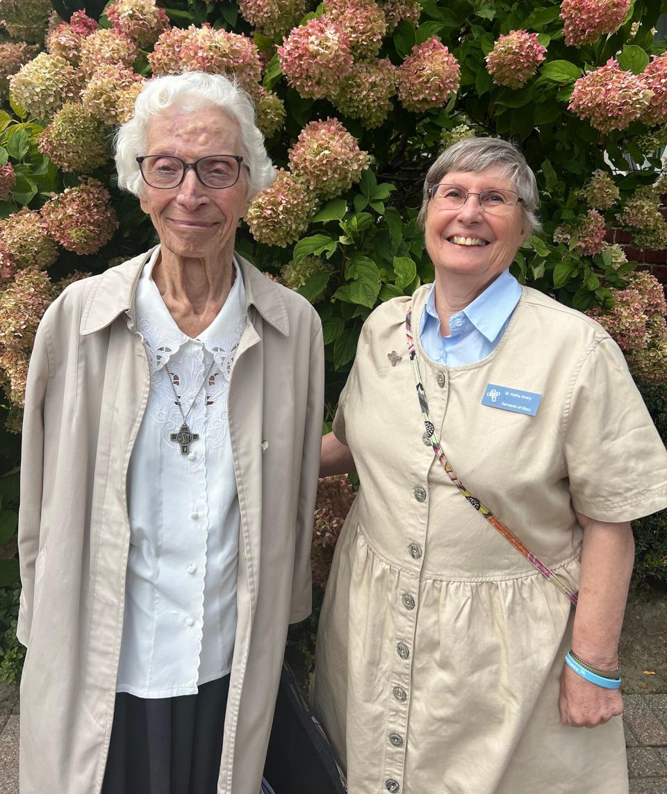 Sisters Mary Peter Caito, 86, (left), and Sr. Kathy Avery, 80, smile in this photo taken in September 2023, just weeks before their farewell celebration at St. Clare of Montefalco Catholic Church. The sisters dedicated 16 years of service to St. Clare's school, and are heading back to the motherhouse in Omaha, Nebraska.