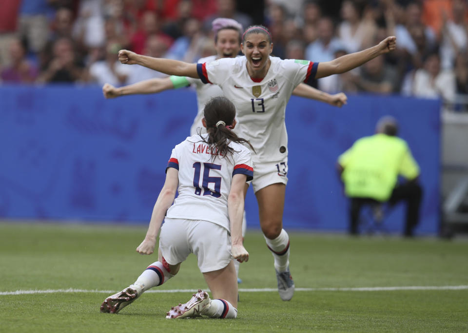 United States' Rose Lavelle (16) celebrates after scoring her side's second goal her side's second goal during the Women's World Cup final soccer match between US and The Netherlands at the Stade de Lyon in Decines, outside Lyon, France, Sunday, July 7, 2019. (AP Photo/David Vincent)