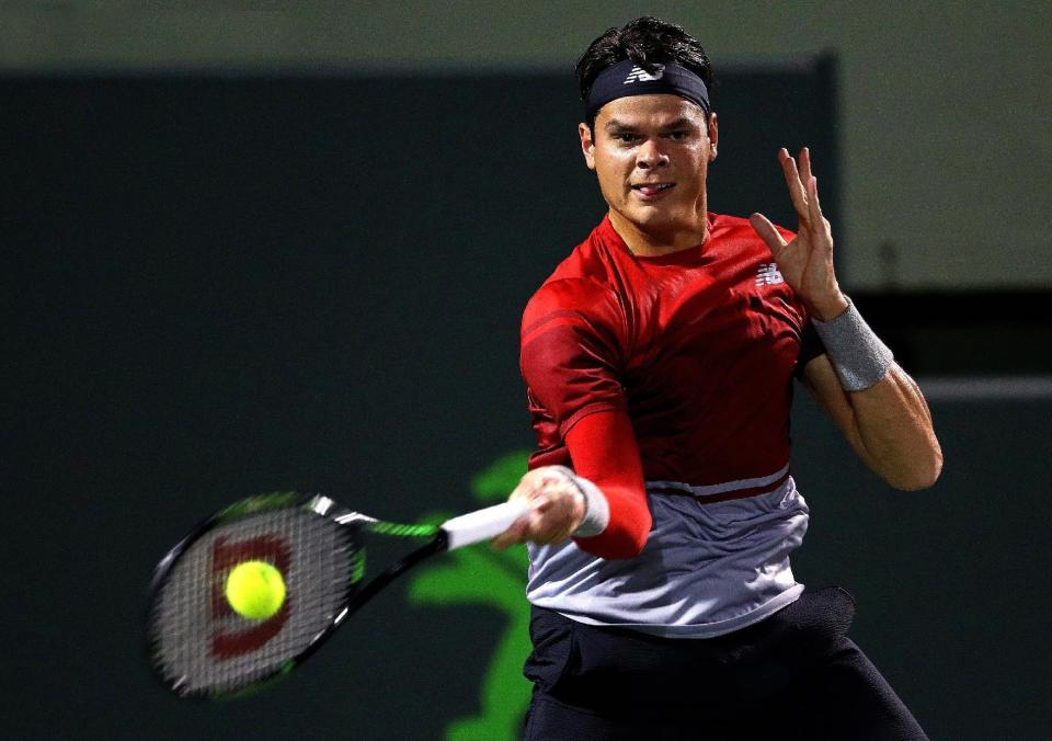 It was a tight one, but Raonic rarely looked in trouble against American Jack Sock Monday night in Miami.  (Photo by Mike Ehrmann/Getty Images)