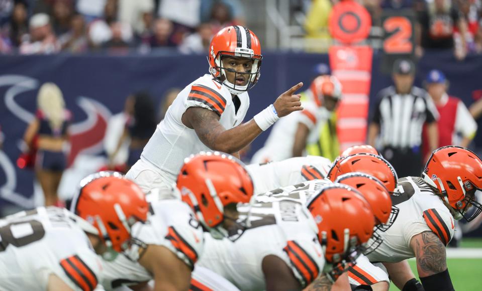 Dec 4, 2022; Houston, Texas, USA; Cleveland Browns quarterback Deshaun Watson (4) at the line of scrimmage during the second quarter against the Houston Texans at NRG Stadium. Mandatory Credit: Troy Taormina-USA TODAY Sports