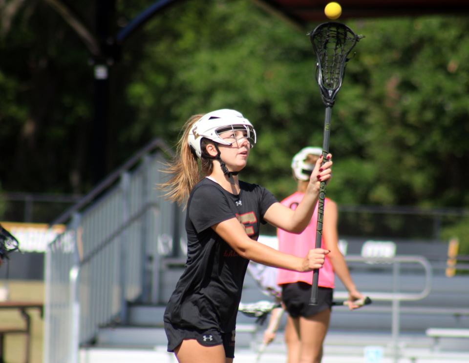 Episcopal's Evelyn Ritch passes the ball during high school girls lacrosse practice on May 2, 2022. [Clayton Freeman/Florida Times-Union]