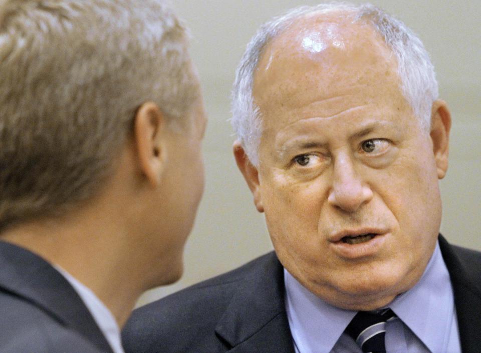 Illinois Gov. Pat Quinn speaks to members of the Illinois Retail Merchants Association Wednesday, May 2, 2012 in Springfield, Ill. Illinois' economic image has been battered by budget deficits, tax increases and very public campaigns to lure the state's businesses elsewhere, and a new survey of chief executives indicates many hold the state in low esteem. (AP Photo/Seth Perlman)