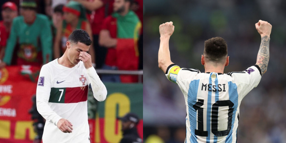 Ronaldo reacts after Portugal's quarterfinal loss to Morocco during the World Cup in Qatar on Dec. 10, 2022. Left: Messi celebrates after scoring Argentina's first goal in the semifinal against Croatia on Dec. 13, 2022.<span class="copyright">Getty Images (Cao Can—Xinhua and Richard Heathcote)</span>