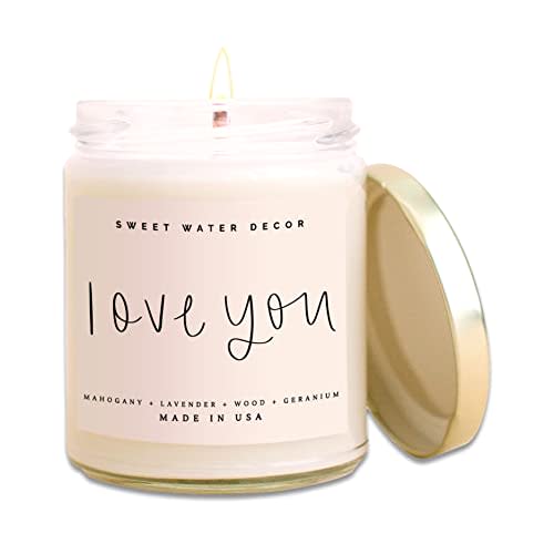 Sweet Water Decor, Love You Candle | Mahogany Teakwood Scented Soy Wax Candle for Home | Valentine's Day Gifts | 9oz Clear Jar, 40 Hour Burn Time