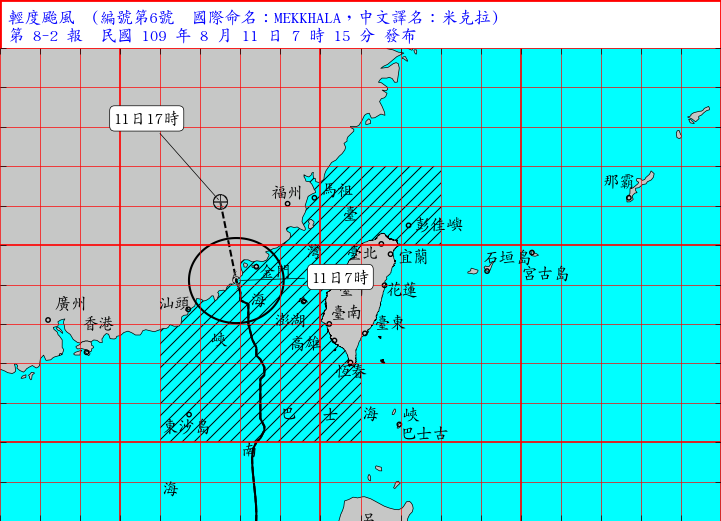 根據最新氣象資料顯示，第6號颱風中心已於今天7時在中國大陸福建沿海登陸，繼續向北北西移動，其暴風範圍正籠罩澎湖及金門，對澎湖及金門構成威脅。(圖取自氣象局)