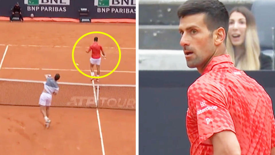 Cameron Norrie hits a smash at Novak Djokovic and Djokovic stares at Norrie in anger.