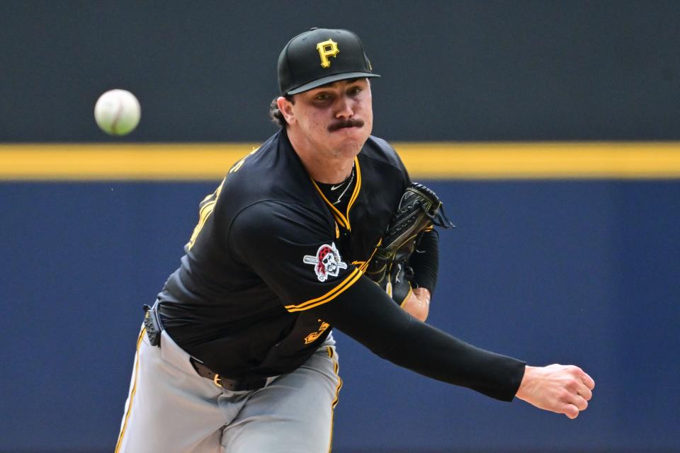 Pittsburgh Pirates rookie Paul Skenes (30) pitches against the Milwaukee Brewers.