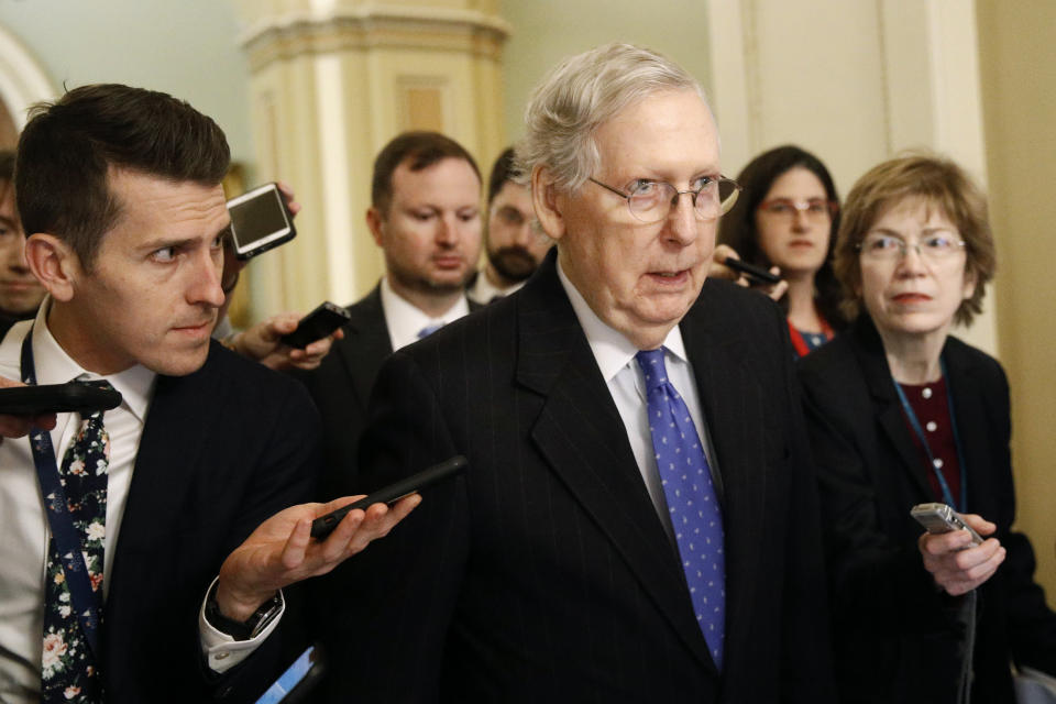 Senate Majority Leader Mitch McConnell of Ky., speaks with reporters after walking off the Senate floor, Thursday, Dec. 19, 2019, on Capitol Hill in Washington. (AP Photo/Patrick Semansky)