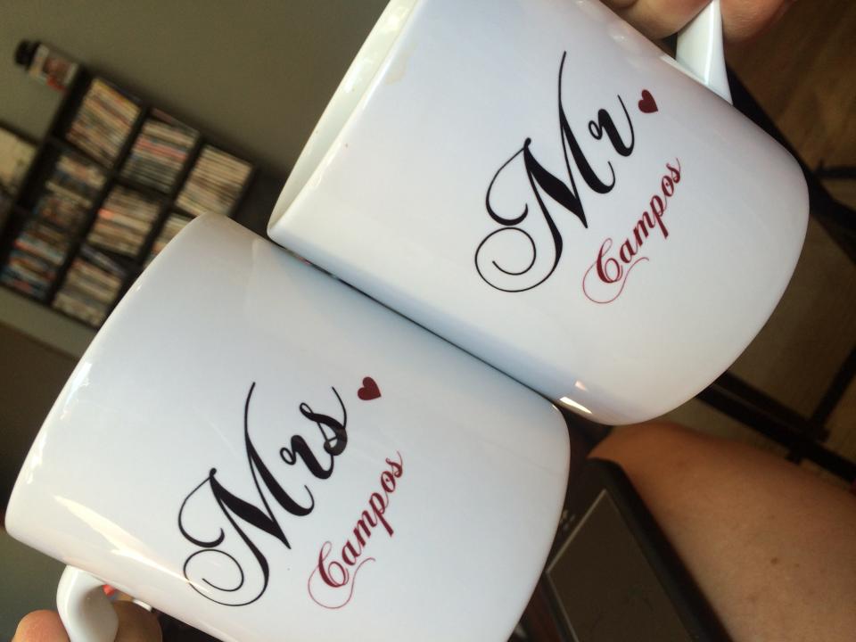 "We were still so wound up from the evening, but I did not have enough energy to even get out of my wedding dress or take my hair stuff out. We sat and read all the well wishes and sipped on hot cocoa in our new 'Mr. and Mrs.' mugs." 