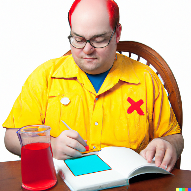 A man with very red hair wearing a yellow jumpsuit with a red X on it, is writing in a book but the page is just a blue square, and he's drinking a very red liquid from some sort of beaker.