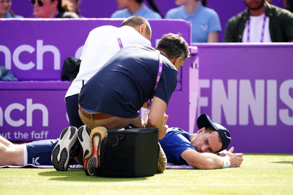 Murray’s back issue flared up at Queen’s last week (Zac Goodwin/PA Wire File photo dated 19-06-2024 of Andy Murray receives treatment during his match against Jordan Thompson (not pictured) on day five of the cinch Championships at The Queen's Club, London. Picture date: Wednesday June 19, 2024. Issue date: (enter date here). PA Photo. See PA story (enter Topic Keyword). Photo credit should read Zac Goodwin/PA Wire)