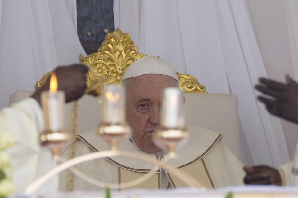 Pope Francis celebrates mass at the John Garang Mausoleum in Juba, South Sudan, Sunday, Feb. 5, 2023. Francis is in South Sudan on the second leg of a six-day trip that started in Congo, hoping to bring comfort and encouragement to two countries that have been riven by poverty, conflicts and what he calls a "colonialist mentality" that has exploited Africa for centuries. (AP Photo/Gregorio Borgia)