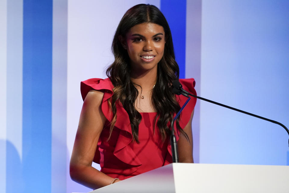 Sam Woods speaks during the World Golf Hall of Fame ceremony for her father Tiger Woods Wednesday, March 9, 2022, in Ponte Vedra Beach, Fla. (AP Photo/Gerald Herbert)