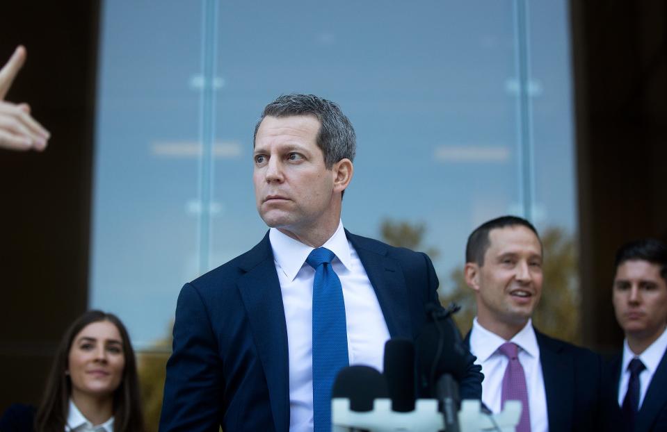 Andrew Warren speaks to press Monday, Sept. 19, 2022 outside of the federal courthouse in Tallahassee, Fla. following a hearing. The case challenges Gov. Ron DeSantis’s order to suspend Warren from his role as a state attorney in Tampa in August. 