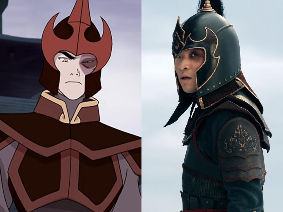 left: zuko in avatar, wearing red shoulder and chest armor, and a helmet with a point. he has a dark red scar over his left eye and looks unhappy; right: dallas liu as live-action zuko, wearing black and red armor and a helmet with a plume on top, a similar scar on his left eye