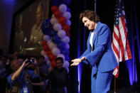 Rep. Jacky Rosen, D-Nev., motions to the crowd at a Democratic election night party after wining a Senate seat Wednesday, Nov. 7, 2018, in Las Vegas. (AP Photo/John Locher)