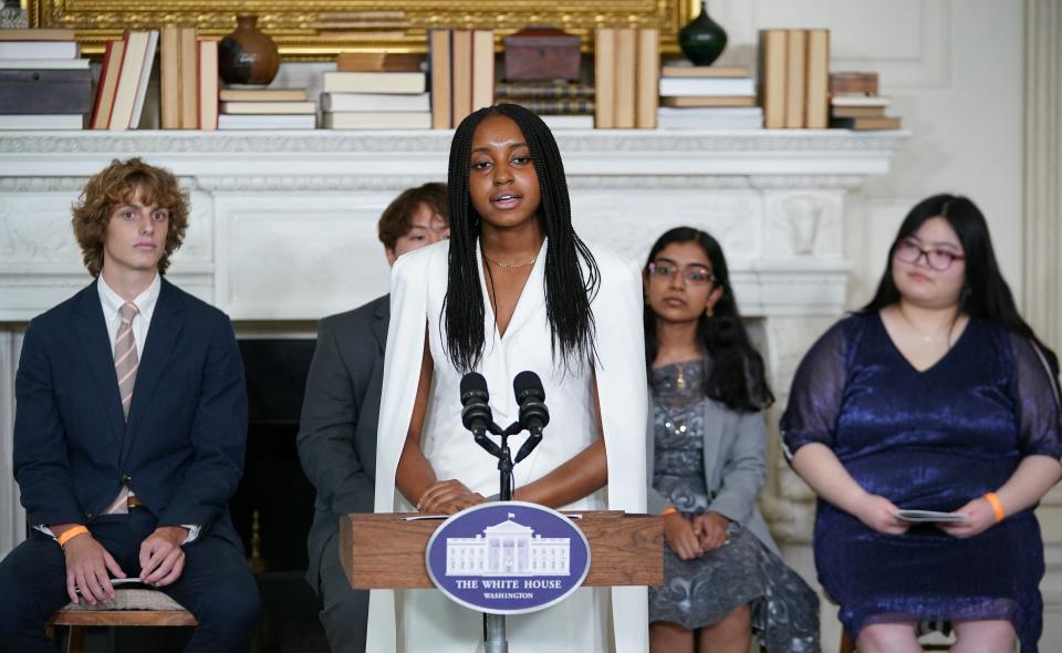 Student Emily Igwike from University School of Milwaukee in Milwaukee, WI, speaks during an event in honor of the Class of 2022 National Student Poets Program with US First Lady Jill Biden, in the State Dining Room of the White House in Washington, DC on September 27, 2022.