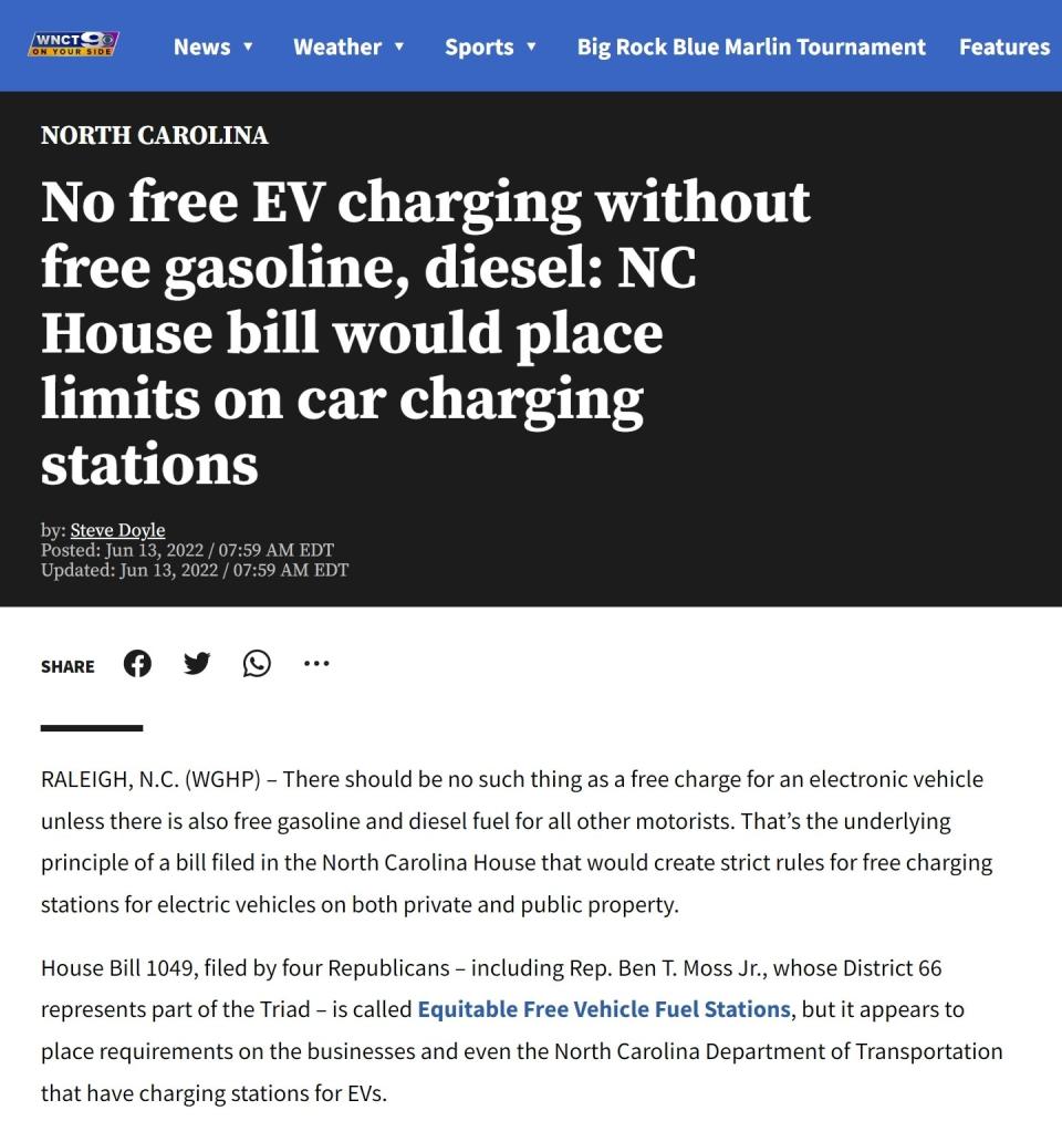 Screenshot of WNCT article, "No free EV charging without free gasoline, diesel: NC House bill would place limits on car charging stations"