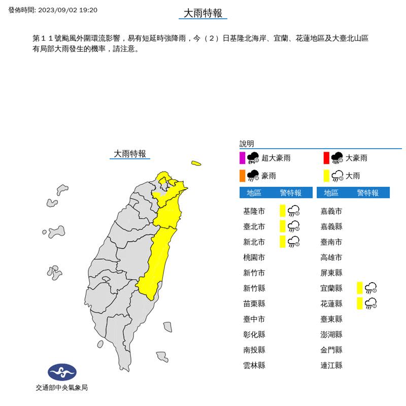 氣象局今晚間19時20分針對5縣市發布大雨特報。（圖／翻攝自氣象局）