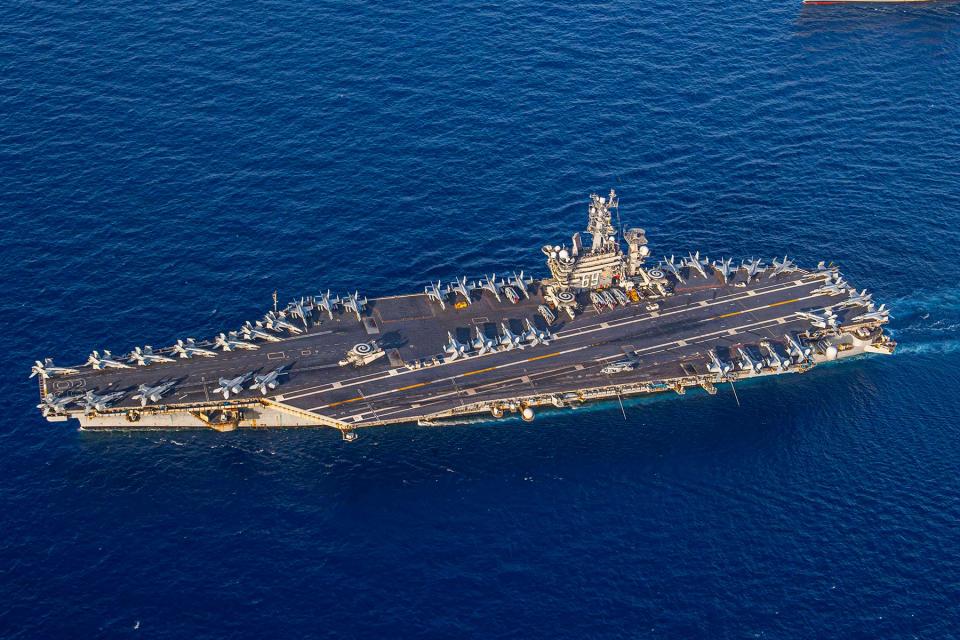 The aircraft carrier USS Dwight D. Eisenhower sails through the Mediterranean Sea on November 3, 2023.