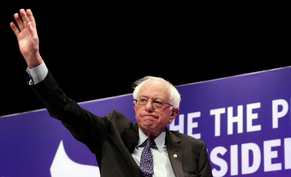 Democratic presidential candidate Sen. Bernie Sanders, I-Vt., waves as he attends a presidential forum held by She The People on the Texas State University campus Wednesday, April 24, 2019, in Houston. (AP Photo/Michael Wyke)