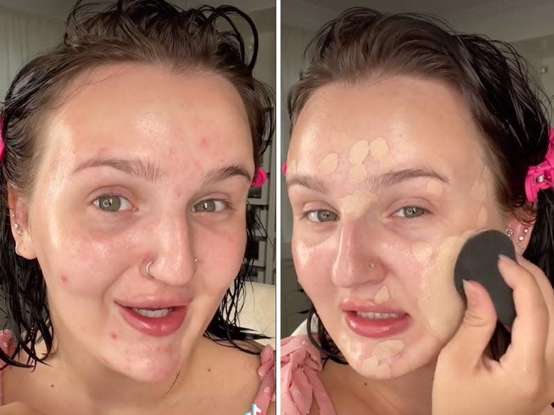 Mikayla Nogueira shows her technique for covering acne in a TikTok video.