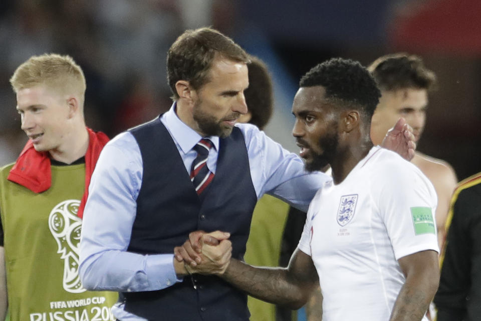 England head coach Gareth Southgate talks to England’s Danny Rose, right, after losing the group G match between England and Belgium with a 0-1 score at the 2018 soccer World Cup in the Kaliningrad Stadium in Kaliningrad, Russia, Thursday, June 28, 2018. (AP Photo/Petr David Josek)