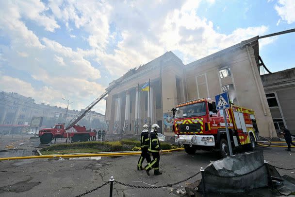 PHOTO: Firefighters extinguishes fire following a Russian airstrike in the city of Vinnytsia, Ukraine, July 14, 2022. (Sergei Supinsky/AFP via Getty Images)