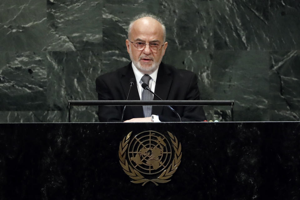 Iraq's Foreign Minister Ibrahim al-Jaafari addresses the 73rd session of the United Nations General Assembly, at U.N. headquarters, Friday, Sept. 28, 2018. (AP Photo/Richard Drew)
