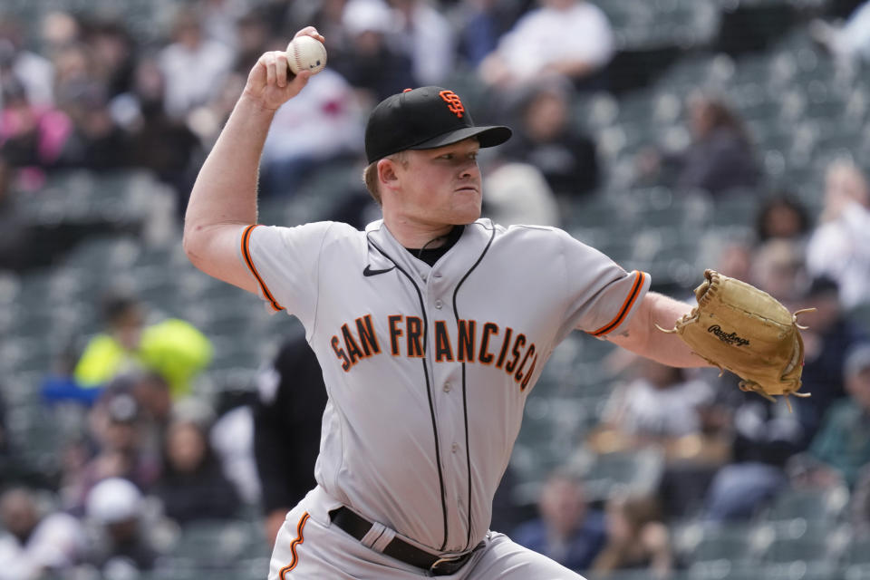 San Francisco Giants starting pitcher Logan Webb throws against the Chicago White Sox during the first inning of a baseball game in Chicago, Wednesday, April 5, 2023. (AP Photo/Nam Y. Huh)