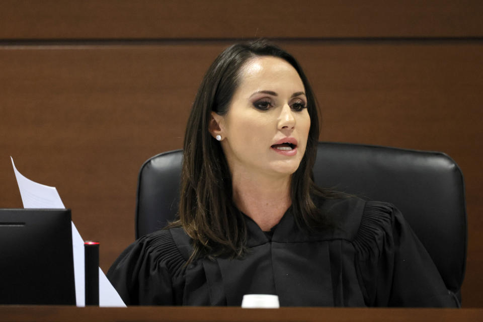 Judge Elizabeth Scherer speaks in court as the defense asks for a continuance due to an ill attorney during jury selection in the penalty phase of the trial of Marjory Stoneman Douglas High School shooter Nikolas Cruz at the Broward County Courthouse in Fort Lauderdale on Monday, June 6, 2022. Cruz previously plead guilty to all 17 counts of premeditated murder and 17 counts of attempted murder in the 2018 shootings. (Amy Beth Bennett/South Florida Sun Sentinel via AP, Pool)