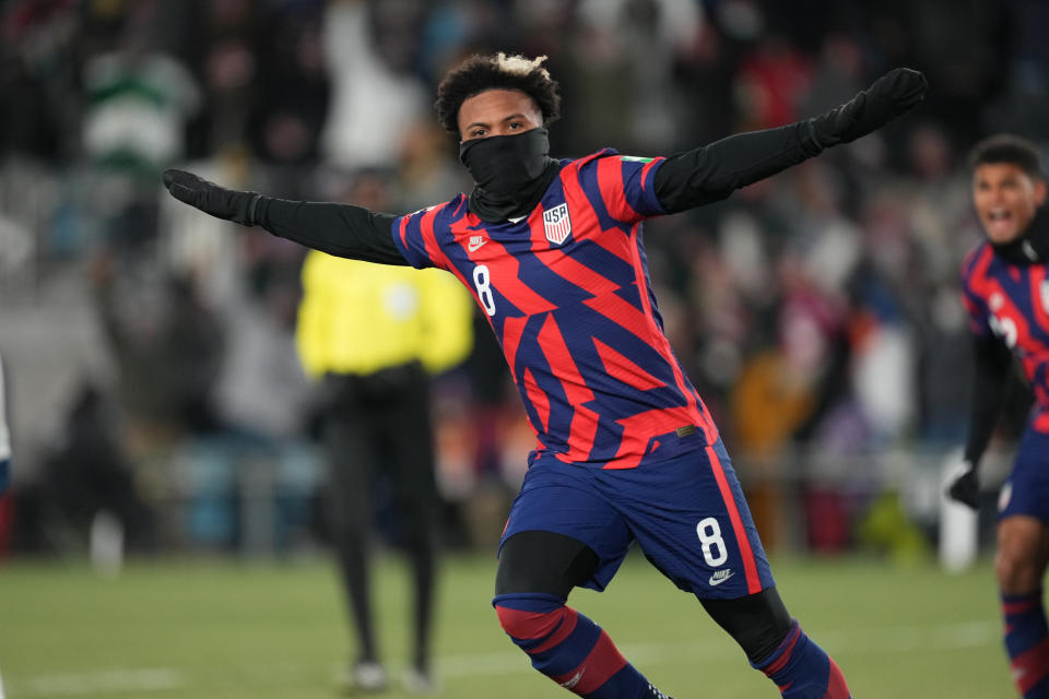 Weston McKennie (pictured) celebrates after scoring during a game against Honduras.